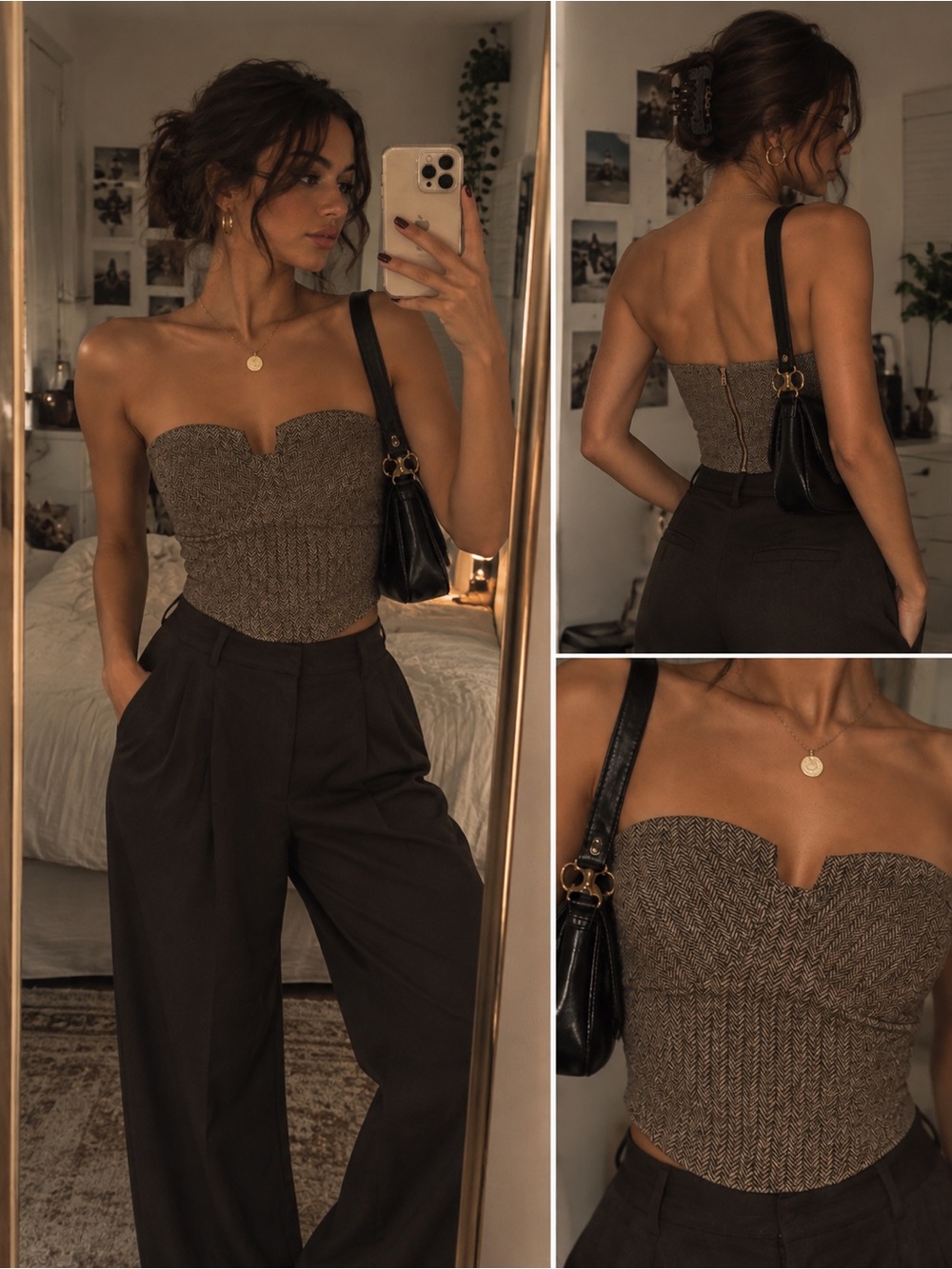 PrettyLittleThing Brown Tweed Strapless Bustier Top